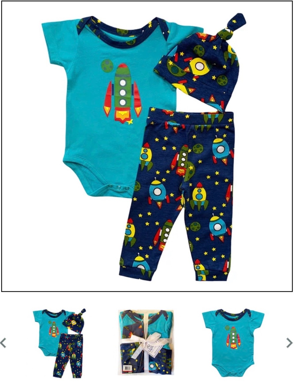 Ann Loren Teal & Navy Rocket Print 3-Piece Bodysuit Set